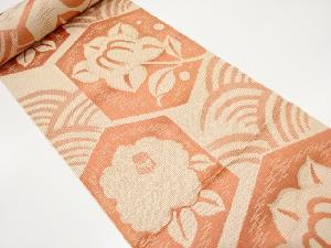 アンティーク　亀甲に橘・椿模様織り出し　八寸帯地反物